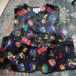 Vintage 1980s Diane Von Furstenberg Novelty Print Vest Frog Closure Size Large